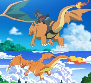 Kawe e Charizard nella serie animata Pokémon Sole e Luna