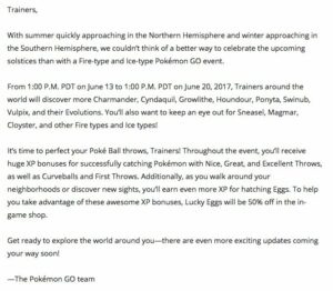 Leak evento ghiaccio fuoco Pokémon GO