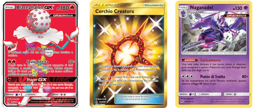 Immagine rappresentante le 3 carte più significative del mazzo: Blacephalon GX, Cerchio Creatura e Naganadel