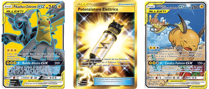 Immagine rappresentante le 3 carte più significative del mazzo: Pikachu e Zekrom GX, Potenziatore Elettrico e Raichu e Raichu di Alola GX