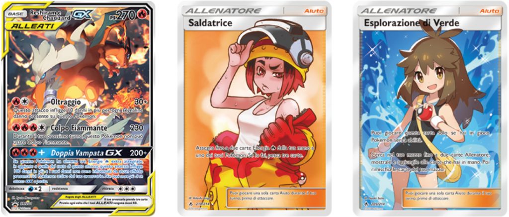 Immagine rappresentanti le 3 carte più significative del mazzo: Reshiram e Charizard GX, Saldatrice e Esplorazione di Verde