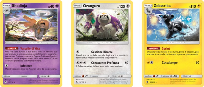 Immagini rappresentanti le 3 carte più significative del mazzo: Shedinja, Oranguru e Zebstrika