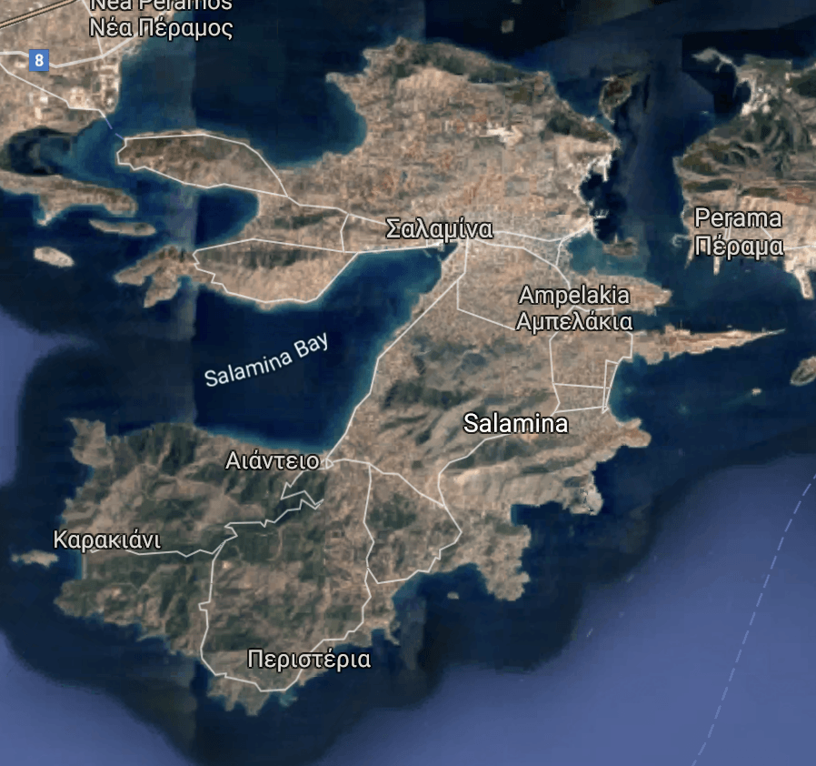 l'isola di Salamina in cui non è possibile giocare a Pokémon GO vista dal satellite.