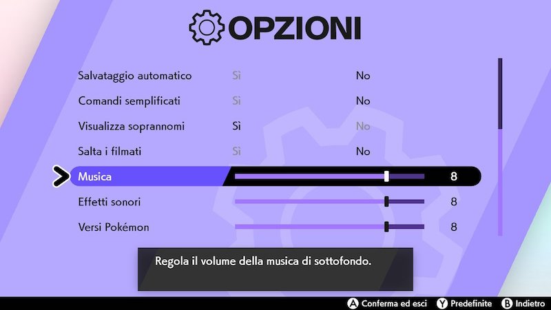  Le opzioni del volume di Pokémon Spada e Scudo