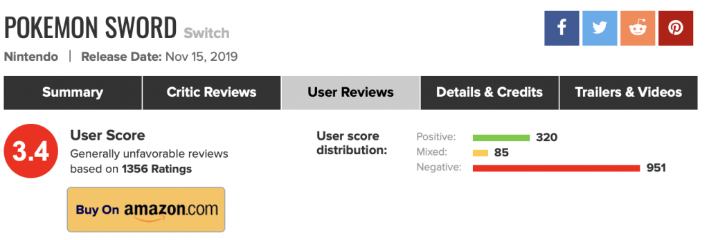 il bombardamento su Metacritic subito da Pokémon Spada