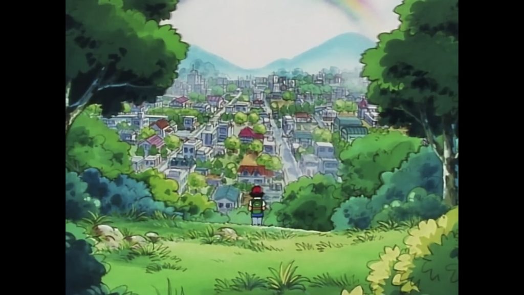 Ash intravede la sua prima città nella serie animata Pokémon.