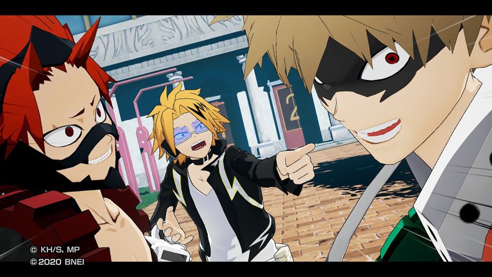 Bakugo-Kaminari-Kirishima interagiscono in MY HERO ONE'S Justice 2