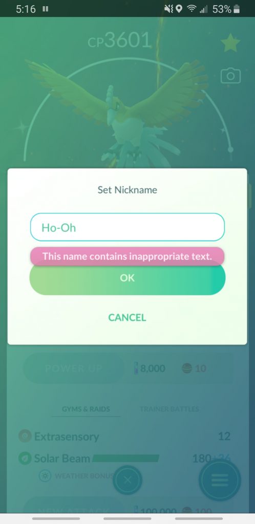 Testo inappropriato Ho-Oh Pokémon GO