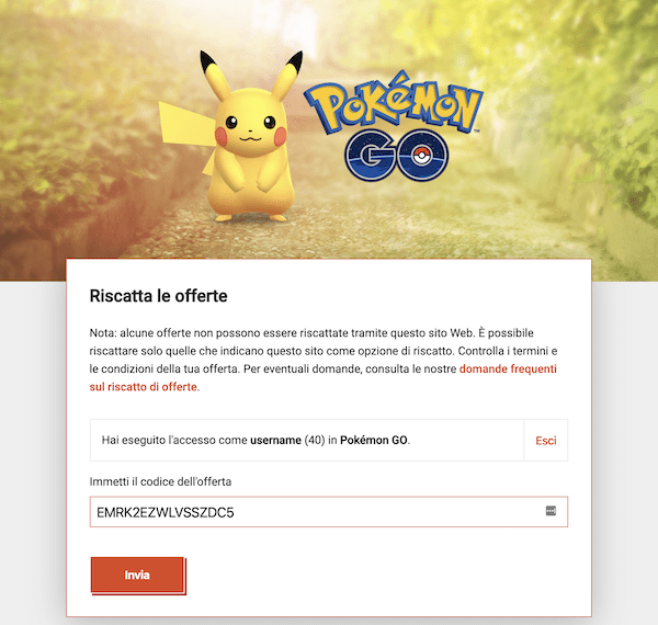 riscatto codice seriale Pokémon GO