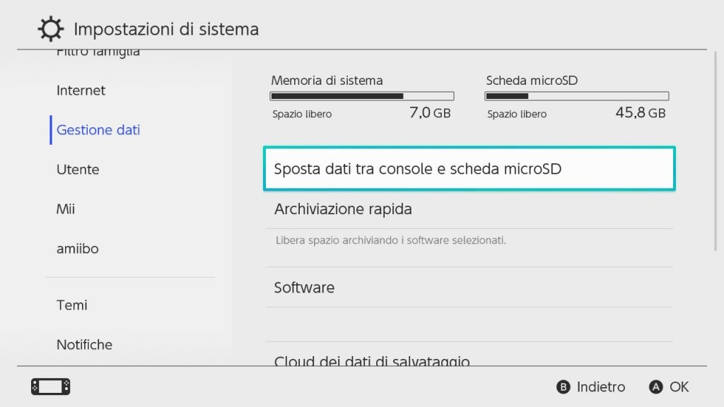 Gestione della memoria Nintendo Switch