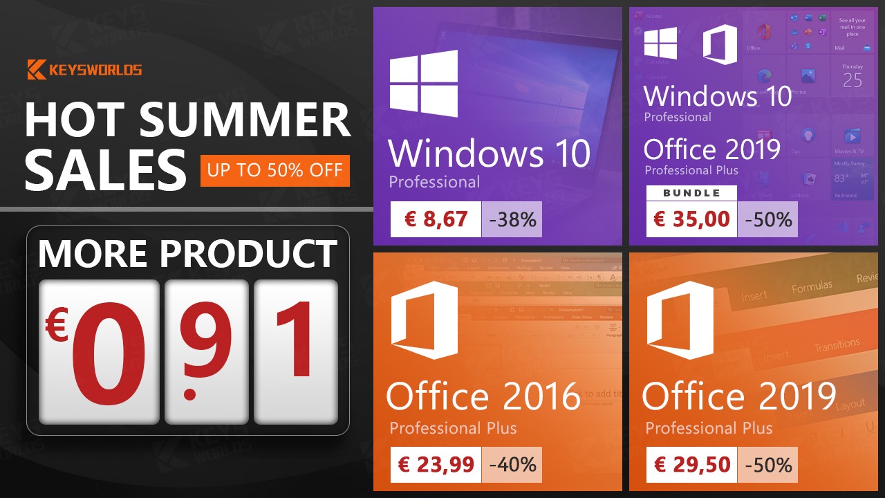 A partire da 0.91€, offerte Flash su keysworlds.com! Ottieni Windows 10, Office 2019, Office 2016 e giochi al Prezzo più basso di sempre.