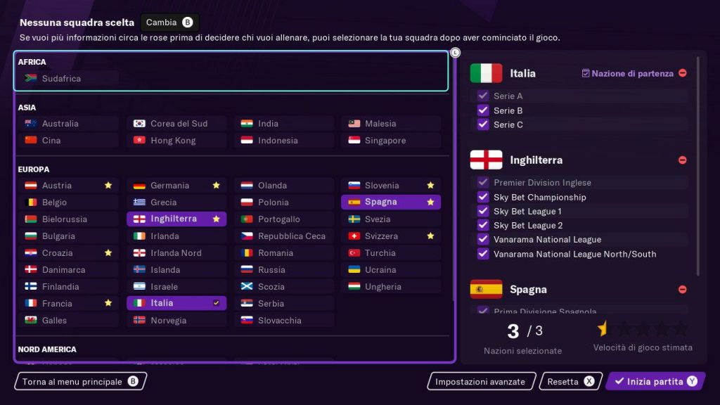 Schermata di selezione dei campionati di Football Manager 2021 Touch