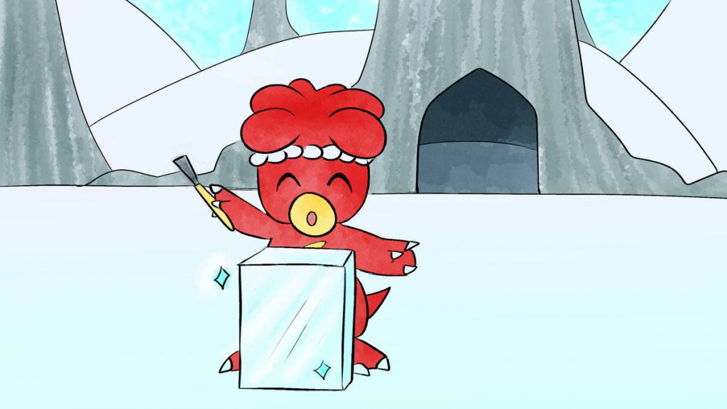 Pigmagbyone scolpisce un blocco di ghiaccio con grande amore.