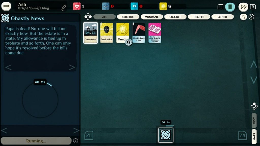 Un inizio di partita di Cultist Simulator su Nintendo Switch