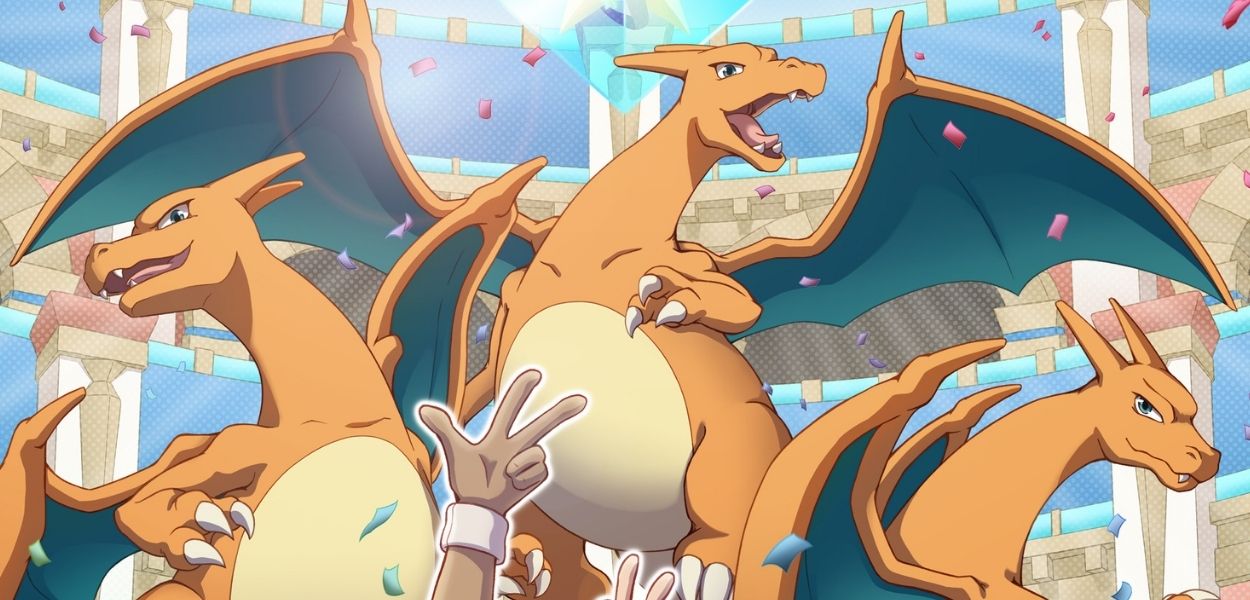 Charizard regna a Pasio nell'illustrazione di Pokémon Masters EX