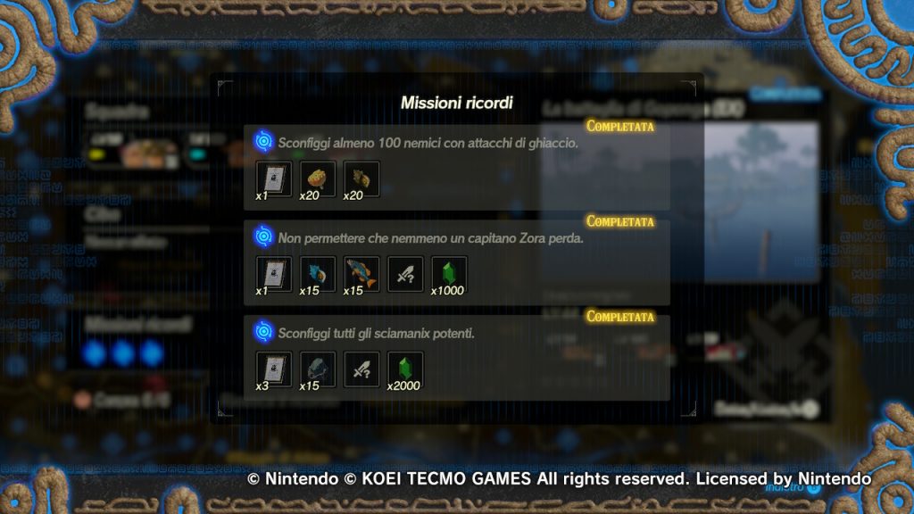 Interfaccia delle Missioni Ricordi del DLC di Hyrule Warriors