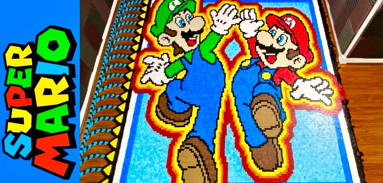 Un fan crea un gigantesco domino di Super Mario e Luigi