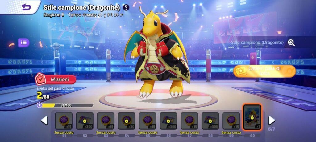 Dragonite stile Campione nell'ottava stagione del pass di lotta di Pokémon Unite.