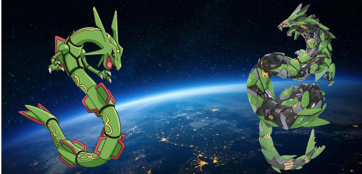 Un maestoso Rayquaza robotico è pronto a sfrecciare nei cieli in questa illustrazione di un fan