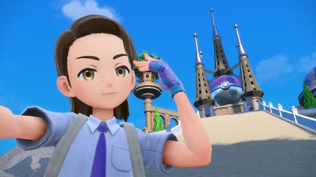 Selfie davanti all'Accademia Uva di Pokémon Scarlatto e Violetto
