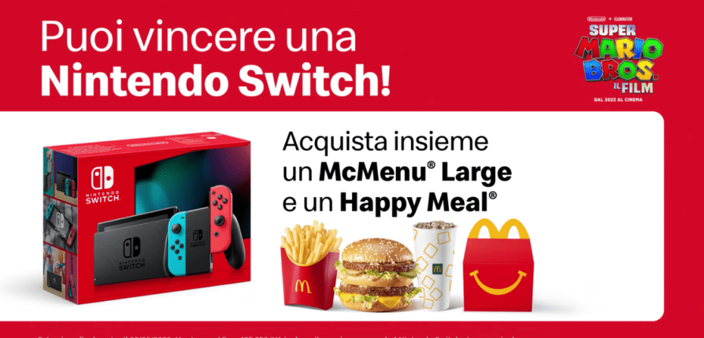 Slogan concorso McDonald's con mostrato una Nintendo Switch, il McMenu Large e un Happy Meal.