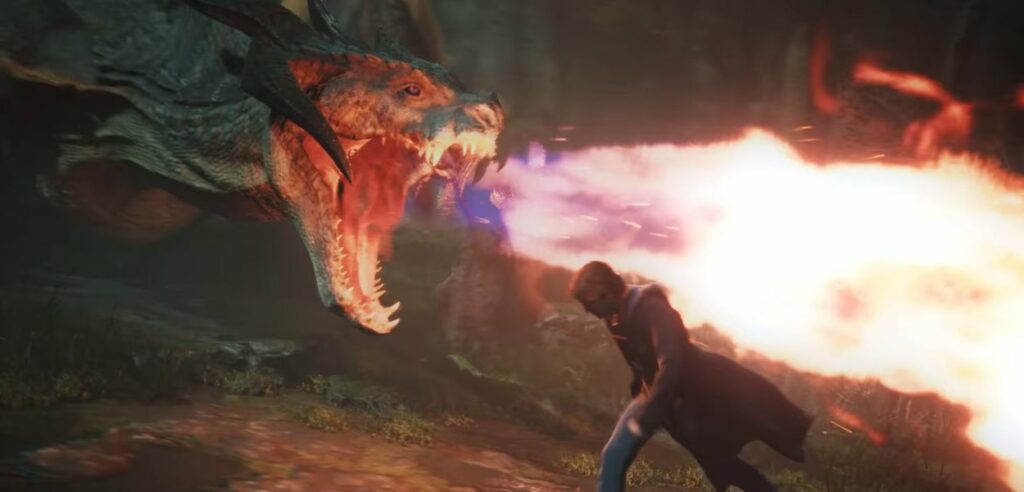 Un drago sputa fuoco sul giocatore nel videogioco Hogwarts Legacy
