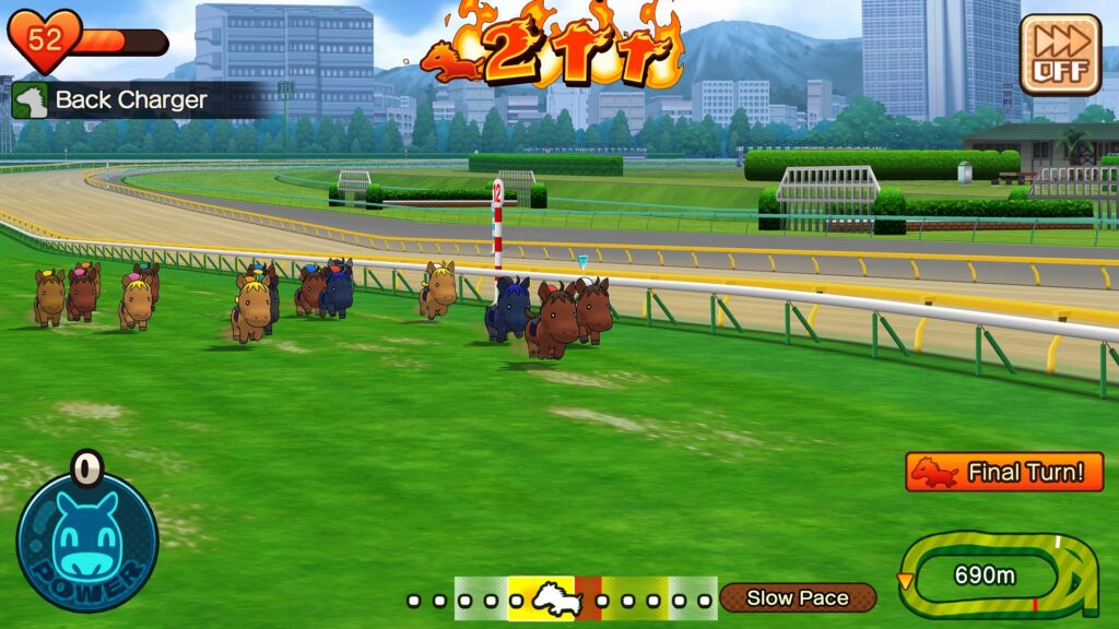 Rettilineo finale di una corsa ippica di Pocket Card Jockey: Ride On!, sviluppato da Game Freak