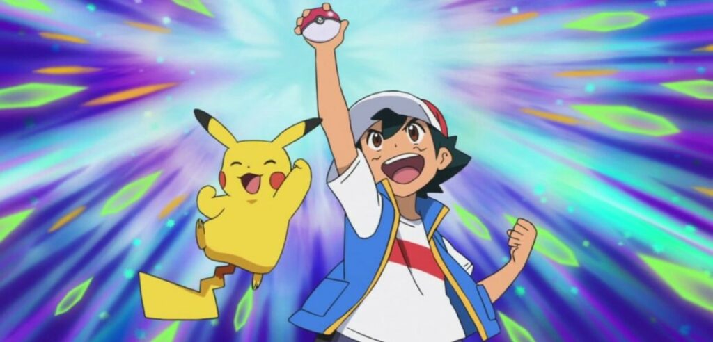 Ash e Pikachu dopo la cattura di un Pokémon