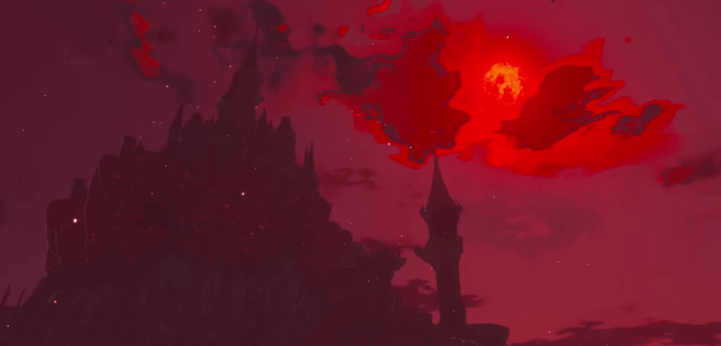 Castello di Hyrule sovrastato dalla luna di sangue. Tratto dal trailer di Zelda Tears of the Kingdom.
