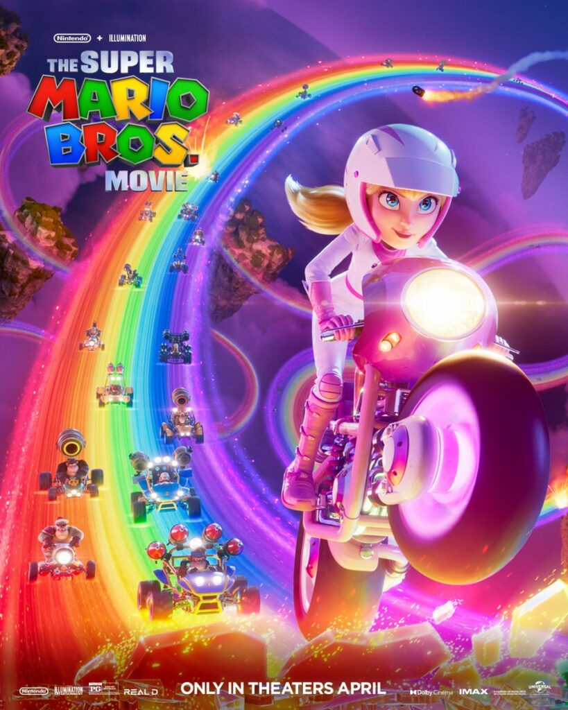 La principessa Peach che sta gareggiando sulla pista arcobaleno 