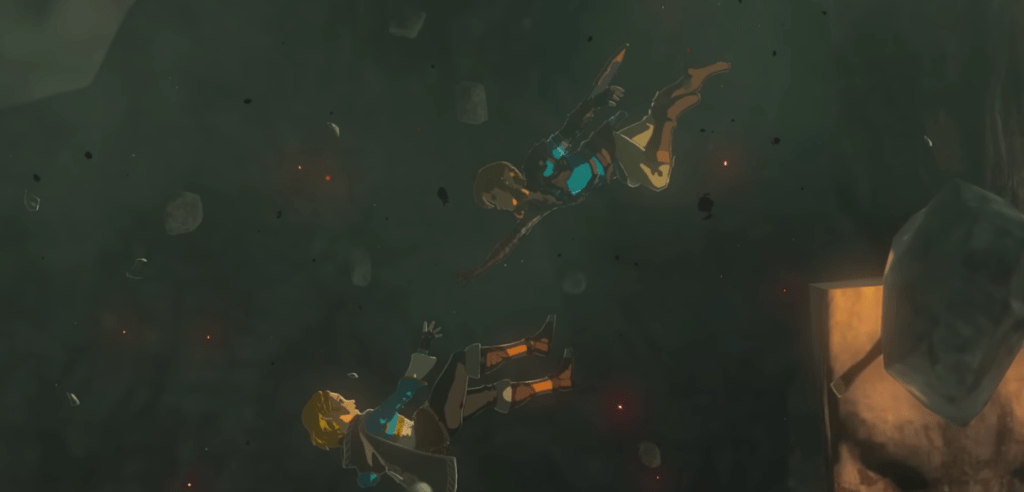 Link che cerca di prendere la principessa Zelda mentre sta candendo
