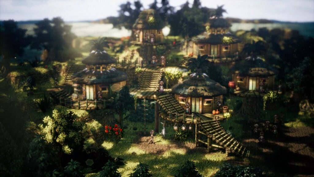 Un villaggio in una foresta in Octopath Traveler II.