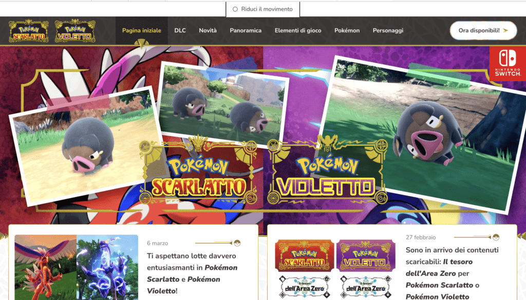 Pagina iniziale del Sito Ufficiale di Pokémon Scarlatto e Violetto