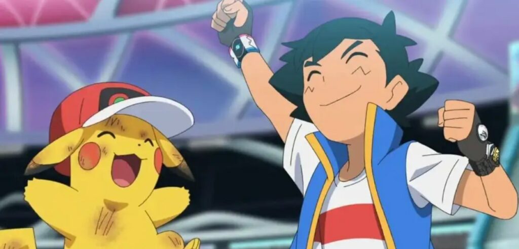 Ash e Pikachu che stanno esultando