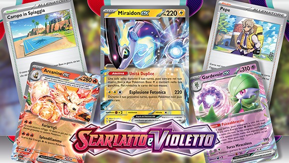 Carte Pokémon Scarlatto e Violetto tra le quali Miraidon-ex, Arcanine-ex e Gardevoir-ex