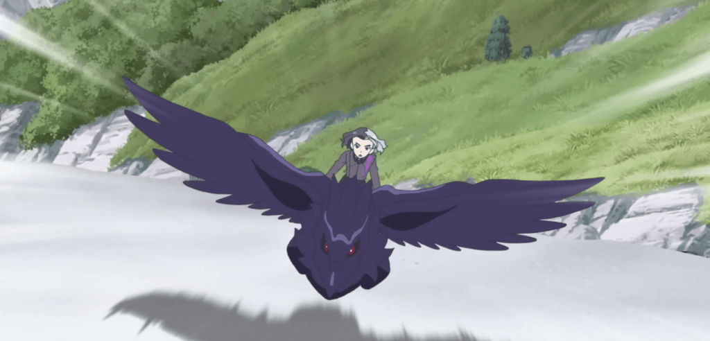 Amethio con il suo Corviknight in Orizzonti Pokémon