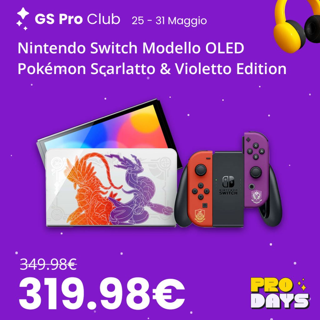 Nintendo Switch OLED Edizione Speciale Pokémon Scarlatto e Violetto in offerta speciale durante i GameStop Pro Days.