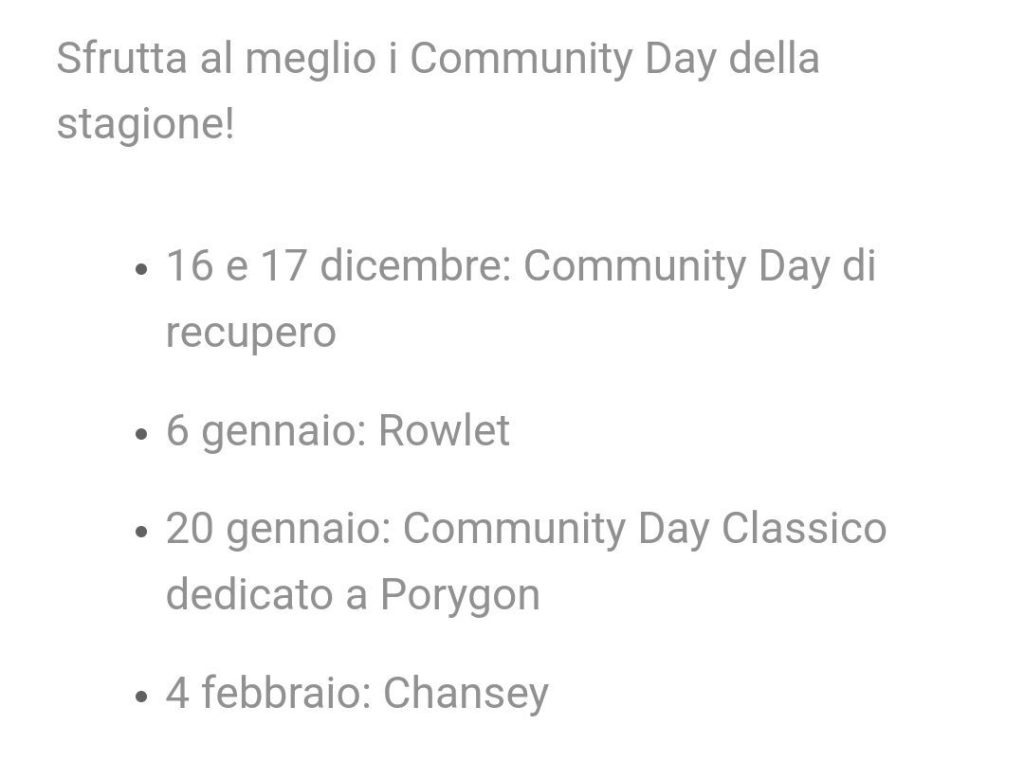Lista Community Day  fine 23 / inizio 24