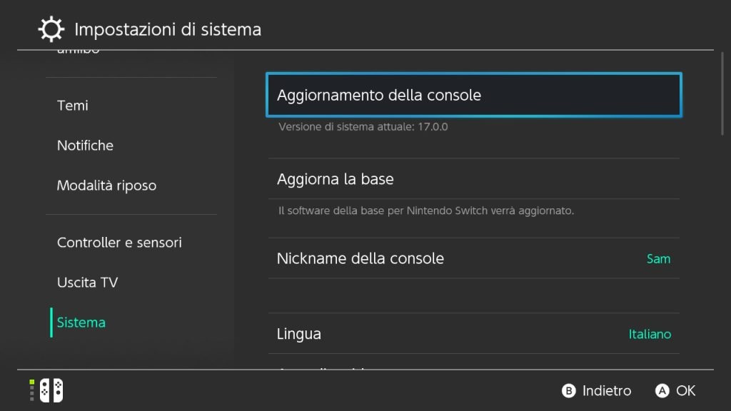 Nintendo Switch aggiornamento