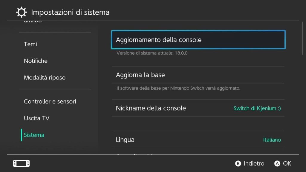 Nintendo Switch aggiornamento