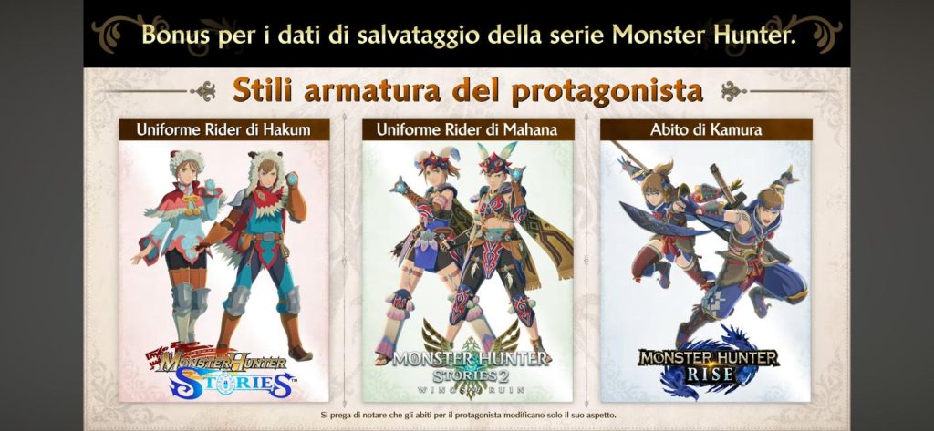 Stili armatura protagonista bonus salvataggio Monster Hunter Stories 3