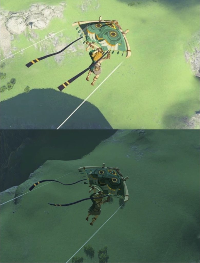 Link con la paravela Zonau in Tears of the Kingdom, di giorno e di notte