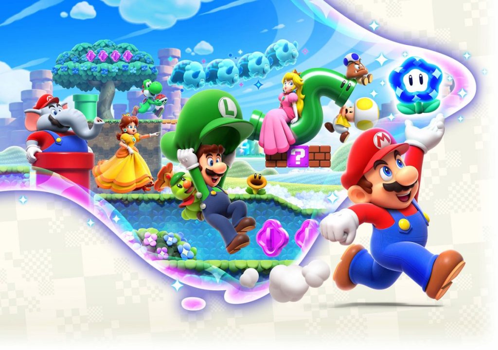 Mario, Luigi, Daisy, Peach e altri personaggi giocabili in “Super Mario Bros. Wonder”.