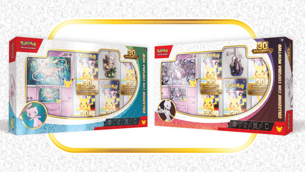 Collezione con statuina Mew e collezione con statuina Mewtwo dell'espansione 30° Anniversario del GCC Pokémon
