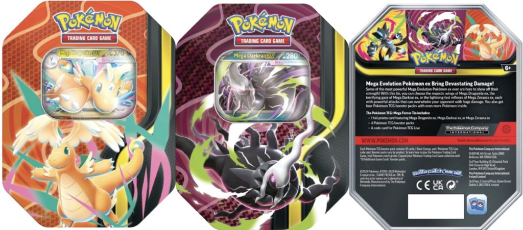 Tin da collezione di Mega Dragonite-ex, Mega Darkrai-ex e il retro di "Mega Forces Tins"