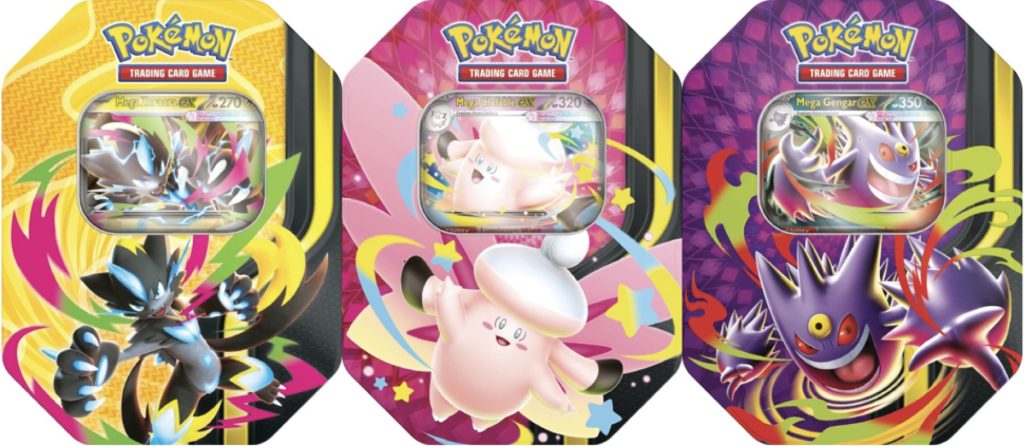 Tin da collezioni di Mega Zeraora-ex, Mega Clefable-ex e Mega Gengar-ex di "Mega Forces Tins"