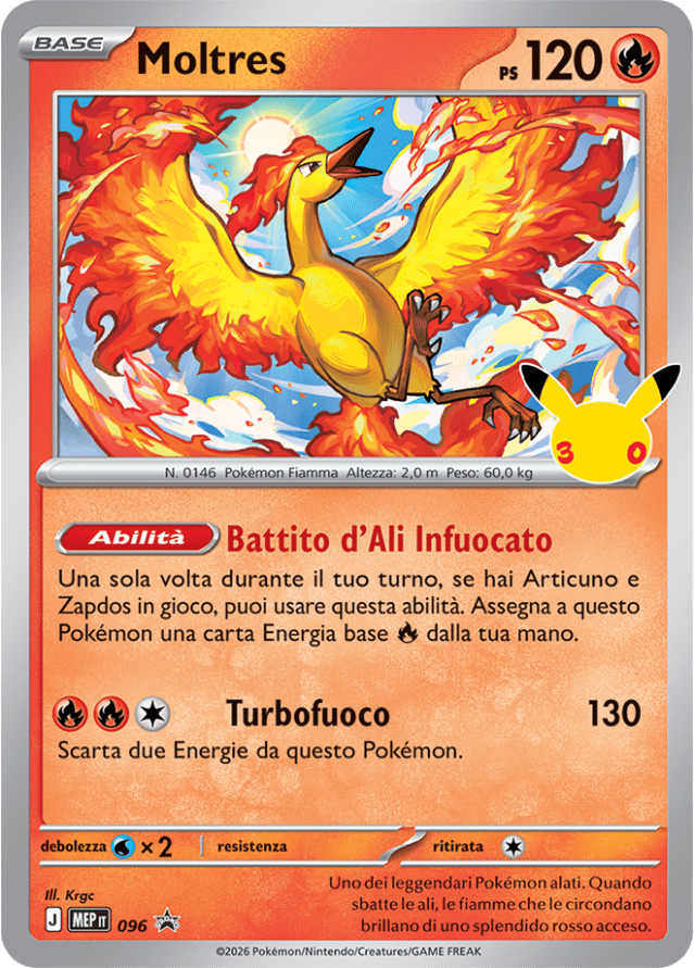 Carta Moltres dell'espansione 30° Anniversario del GCC Pokémon