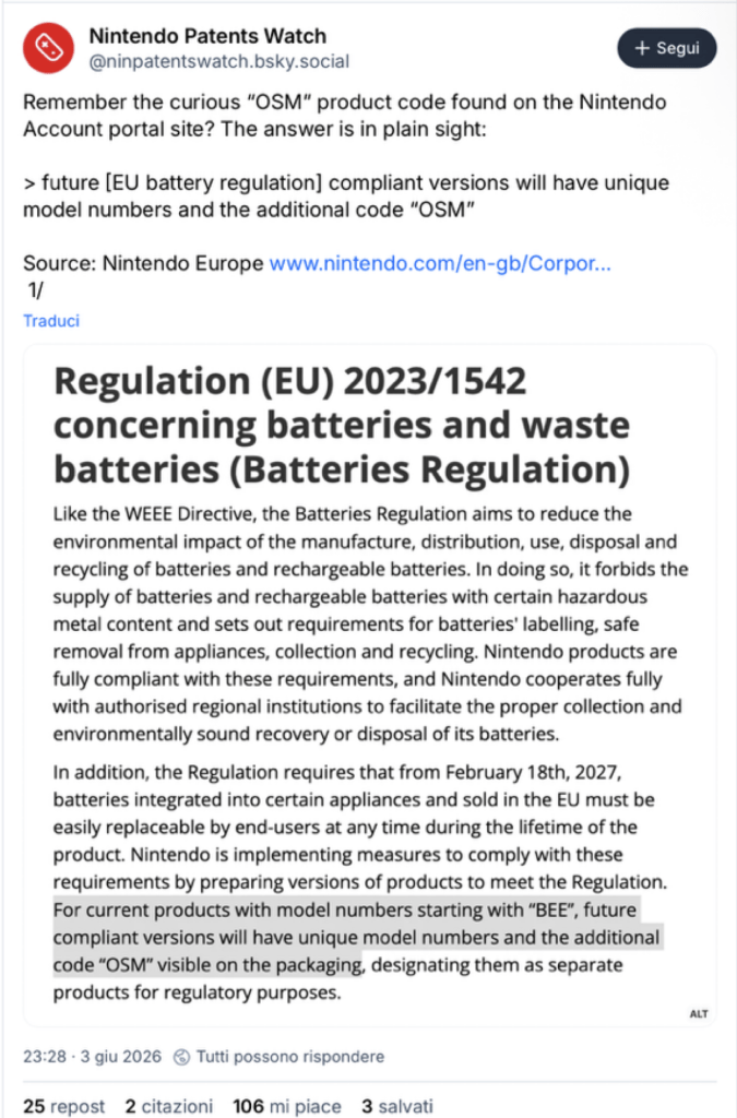 Post di Nintendo Patents Watch su batterie sostituibili Nintendo Switch 2