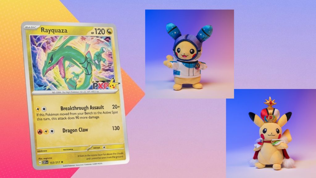 Carta promozionale Pokémon XP di Rayquaza e peluches di Pikachu del Pokémon Center
