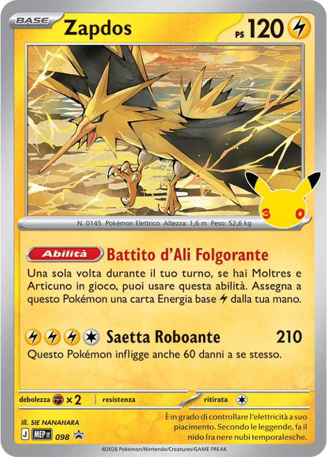 Carta Zapdos dell'espansione 30° Anniversario del GCC Pokémon